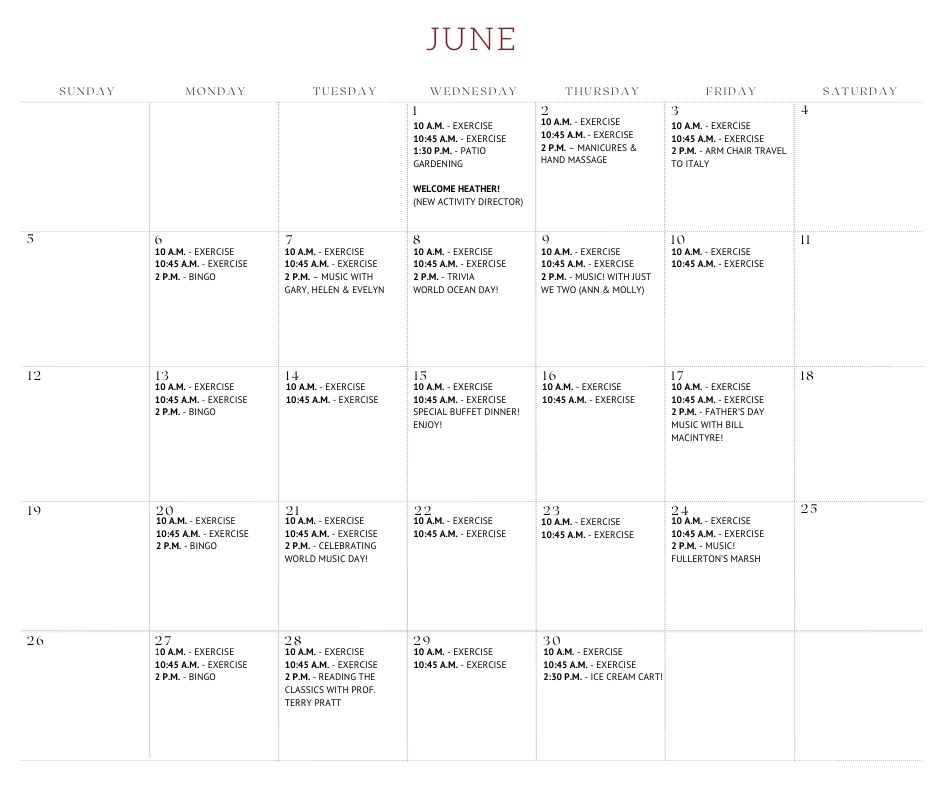 Andrews Senior Care Charlottetown Activity Calendar June 2022