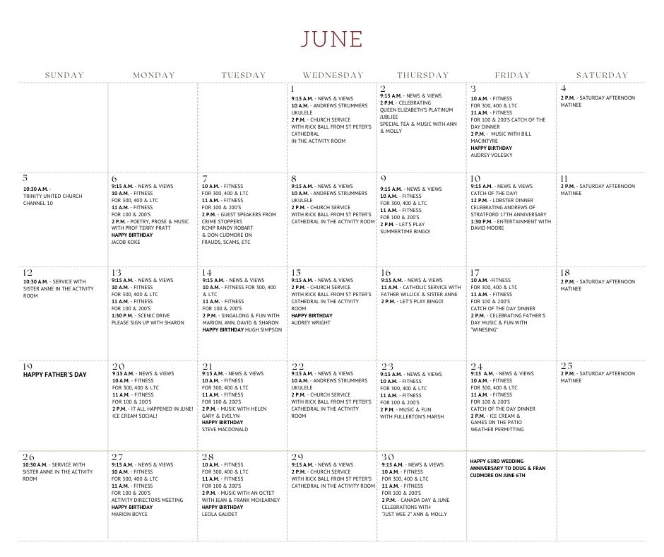 Andrews of Stratford Activity Calendar June 2022