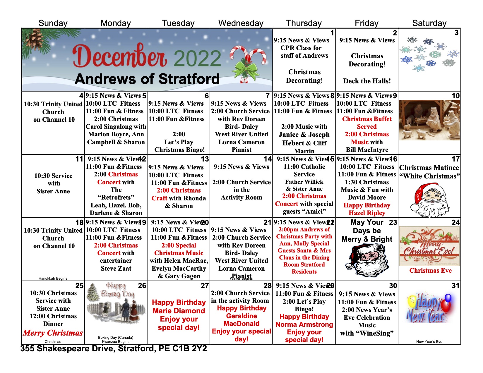 Andrews of Stratford Activity Calendar December 2022