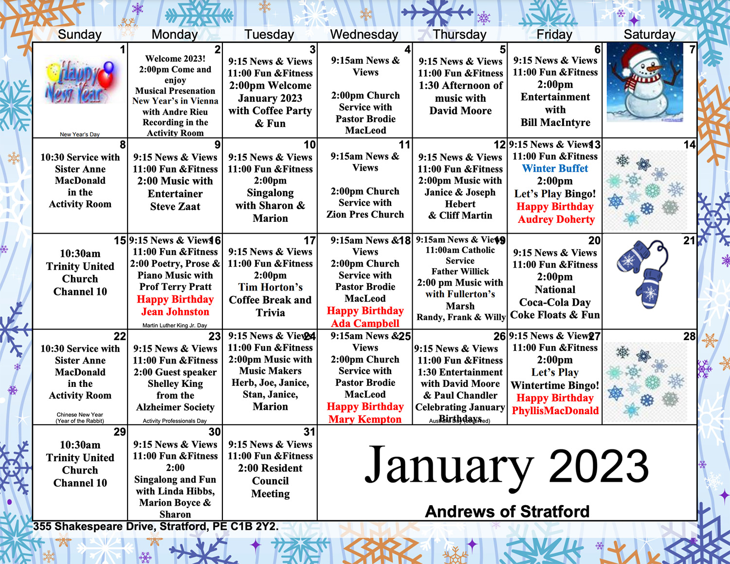 Andrews of Stratford Activity Calendar December 2022